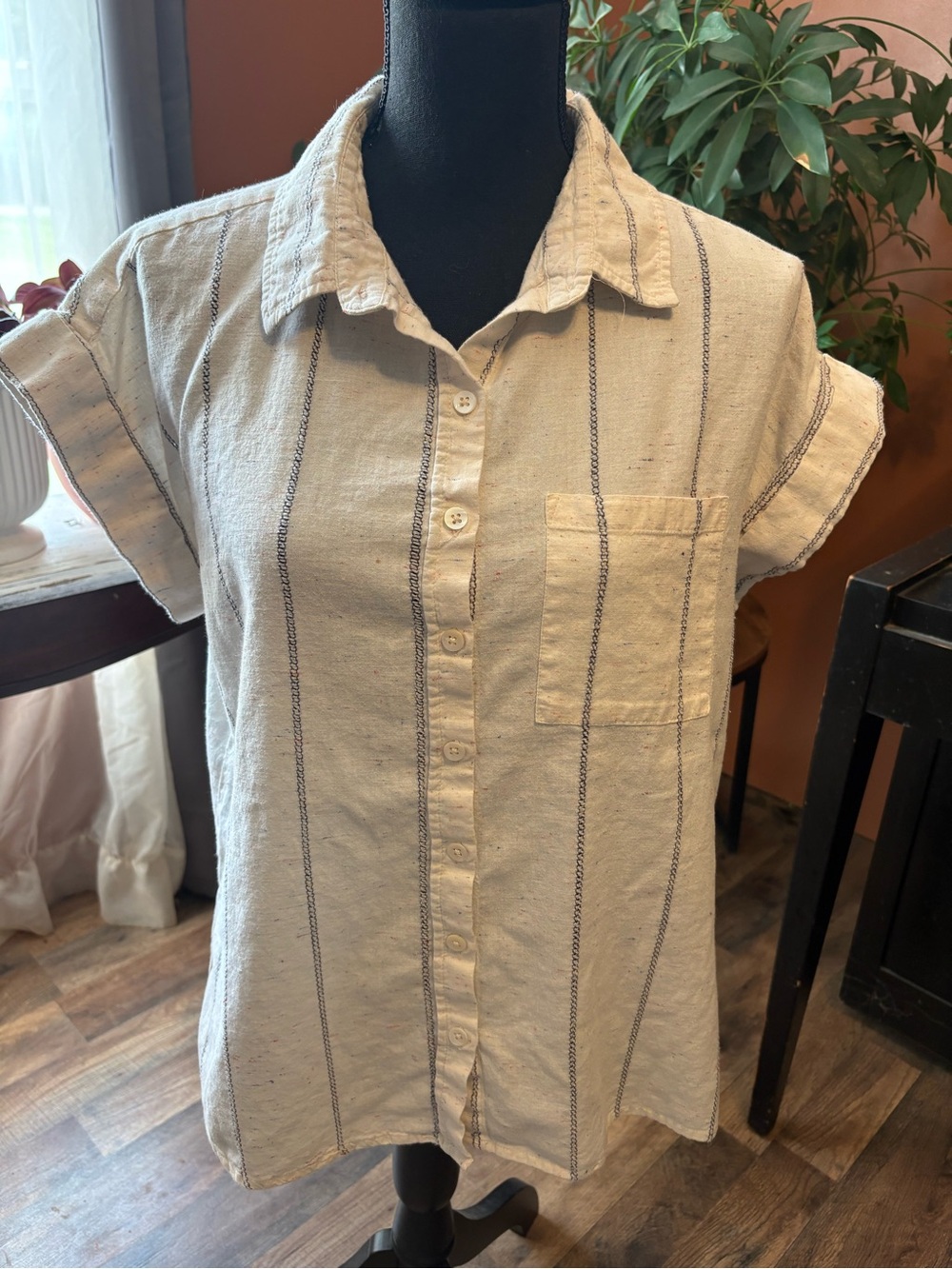 Velvet Heart Cream Button-Down Short Sleeve Shirt with Navy Stripes 100% Cotton